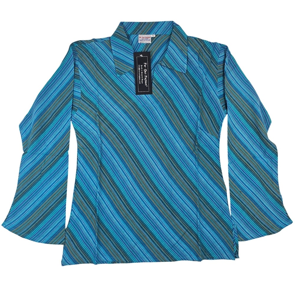 Far‎ Out Fashion Blue Diagonal Stripe Long Sleeve Collar Top XL NWT
